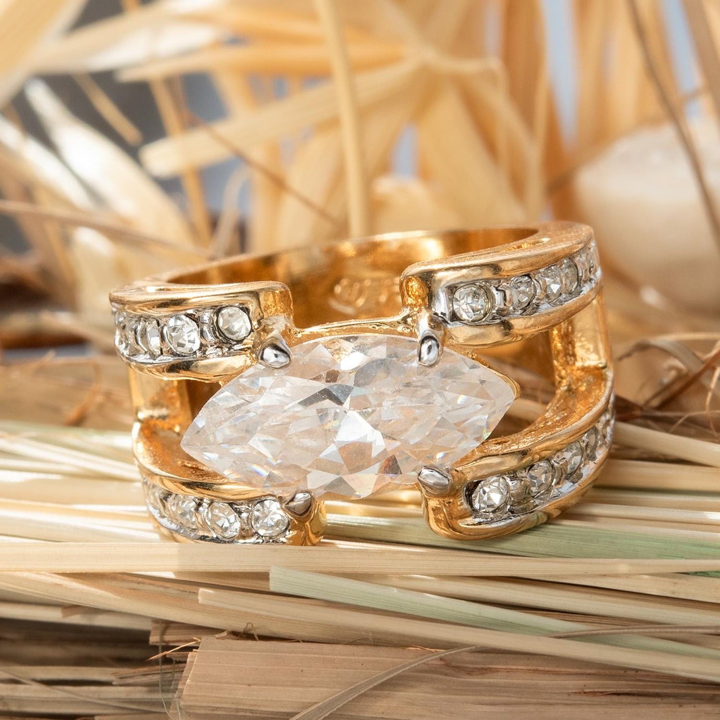 Vintage 1980s Marquise Cut Clear CZ Statement Ring – 18k Gold Electroplated jewelry image 1