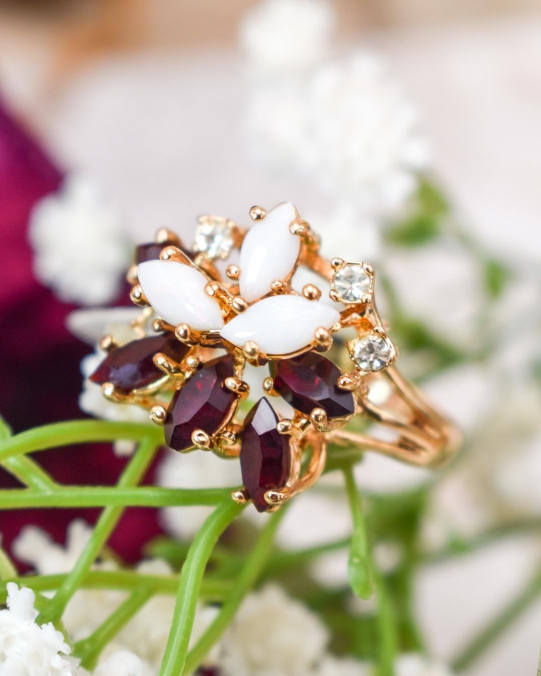 Vintage Genuine Opal Cluster Ring with Garnet and Clear Austrian Crystals – 18k Gold Electroplated jewelry image 1