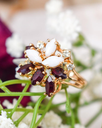 Vintage Genuine Opal Cluster Ring with Garnet and Clear Austrian Crystals – 18k Gold Electroplated jewelry image 1