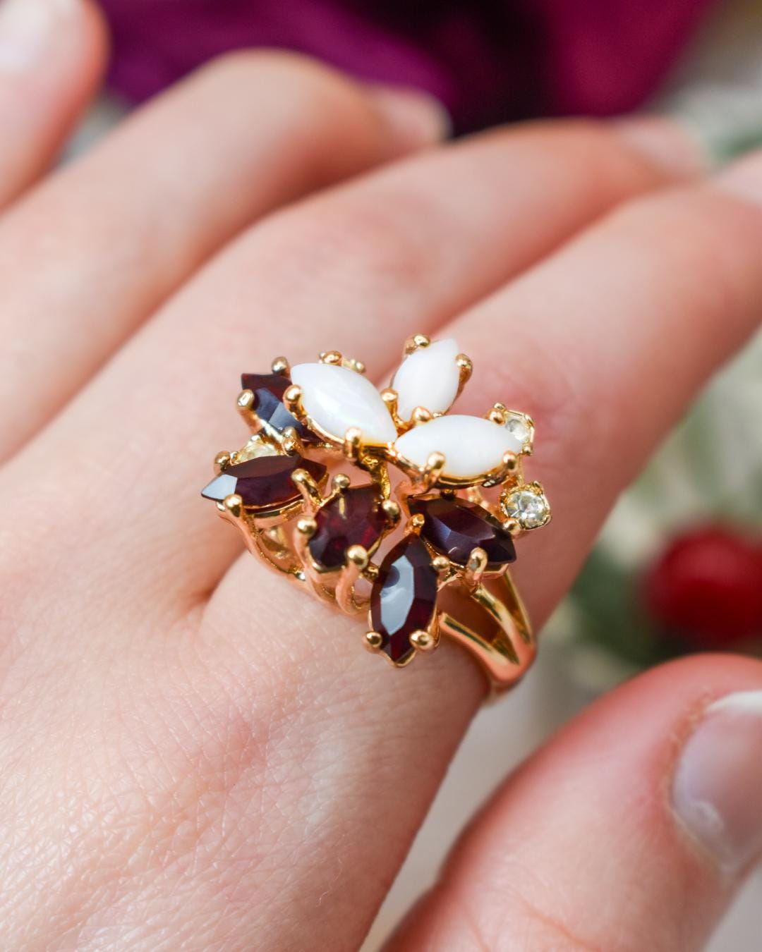 Vintage Genuine Opal Cluster Ring with Garnet and Clear Austrian Crystals – 18k Gold Electroplated jewelry image 1