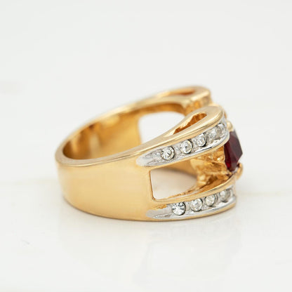 Vintage 1980s Marquise Cut Ruby Red CZ Statement Ring – 18k Gold Electroplated with Austrian Crystal Accents jewelry image 1