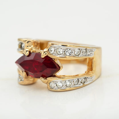 Vintage 1980s Marquise Cut Ruby Red CZ Statement Ring – 18k Gold Electroplated with Austrian Crystal Accents jewelry image 1