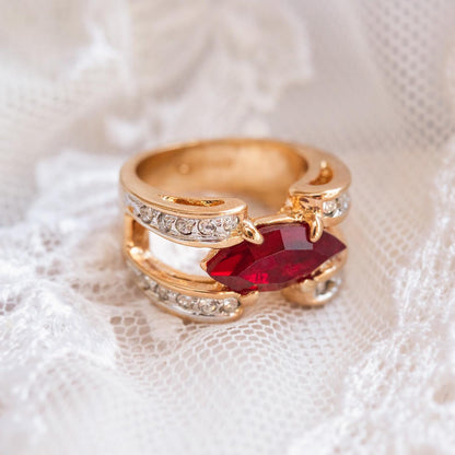 Vintage 1980s Marquise Cut Ruby Red CZ Statement Ring – 18k Gold Electroplated with Austrian Crystal Accents jewelry image 1