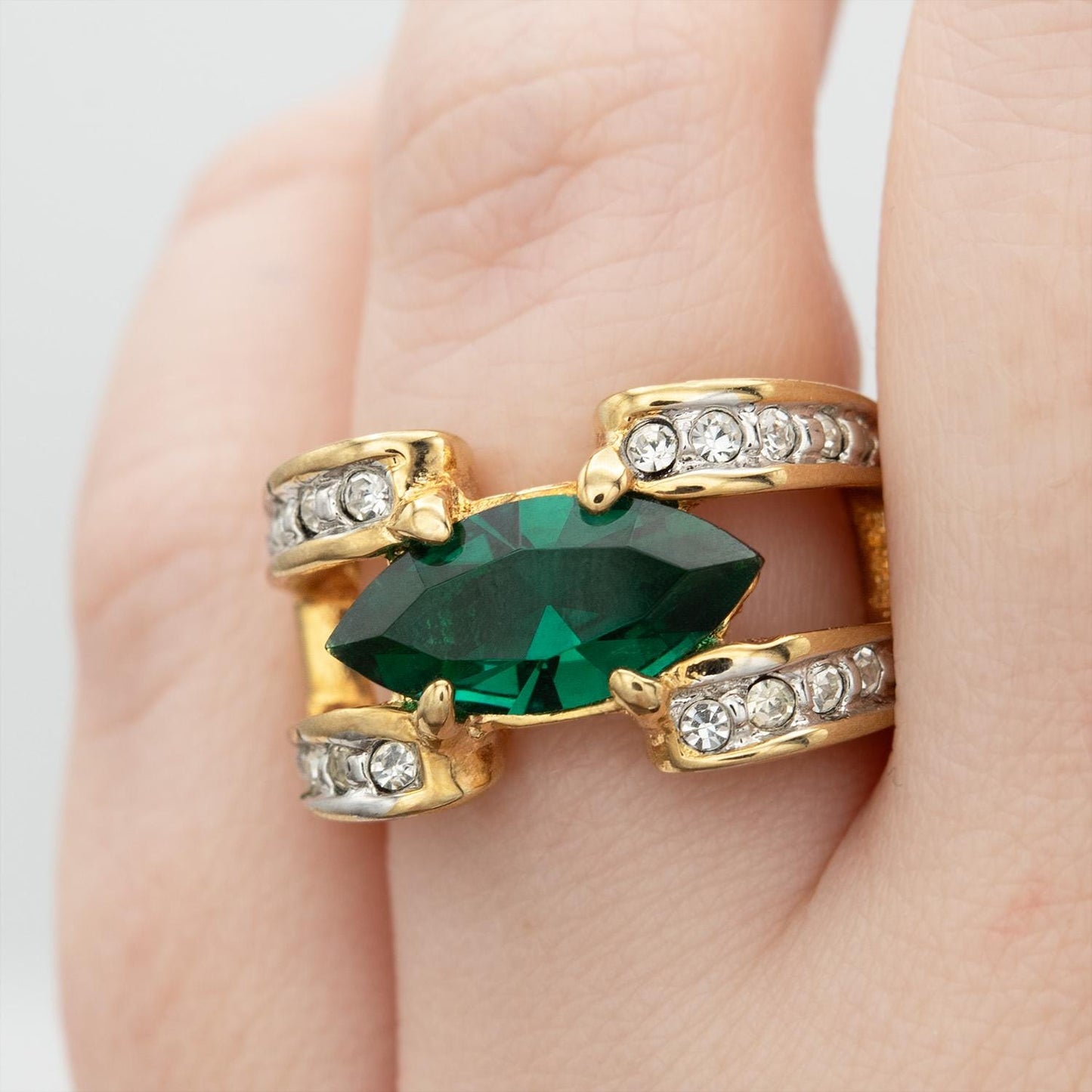 Vintage 1980s Marquise Emerald Green CZ Statement Ring - 18k Gold Electroplated jewelry image 1
