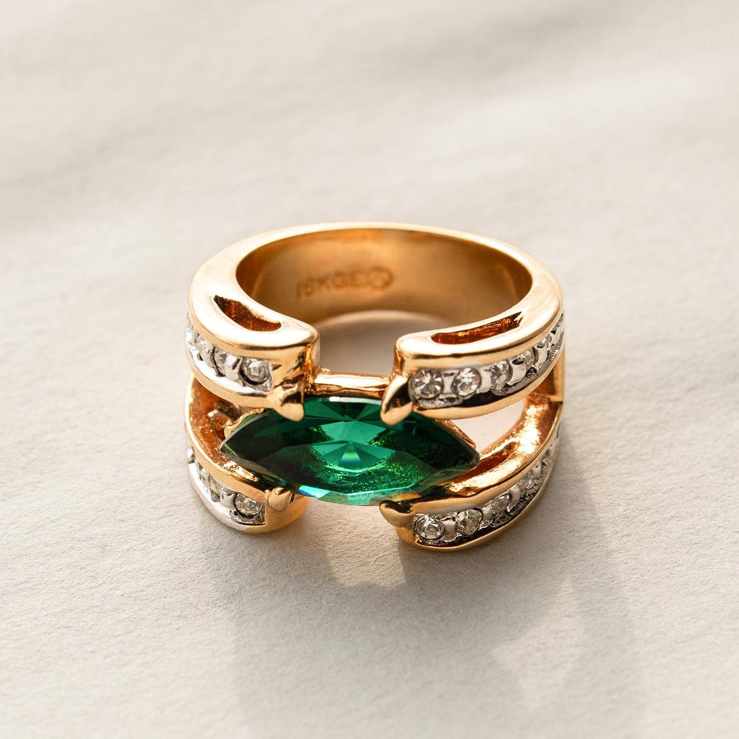 Vintage 1980s Marquise Emerald Green CZ Statement Ring - 18k Gold Electroplated jewelry image 1