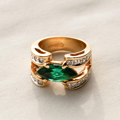 Vintage 1980s Marquise Emerald Green CZ Statement Ring - 18k Gold Electroplated jewelry image 1