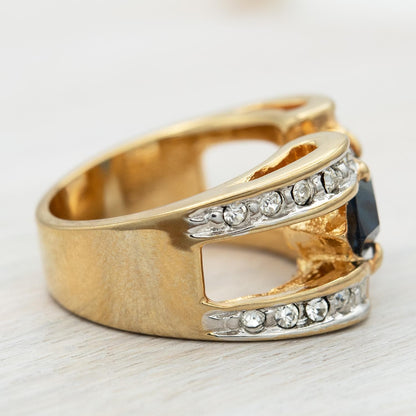 Vintage 1980s Marquise Blue Sapphire CZ Ring with Austrian Crystal Accents – 18k Gold Electroplated jewelry image 1
