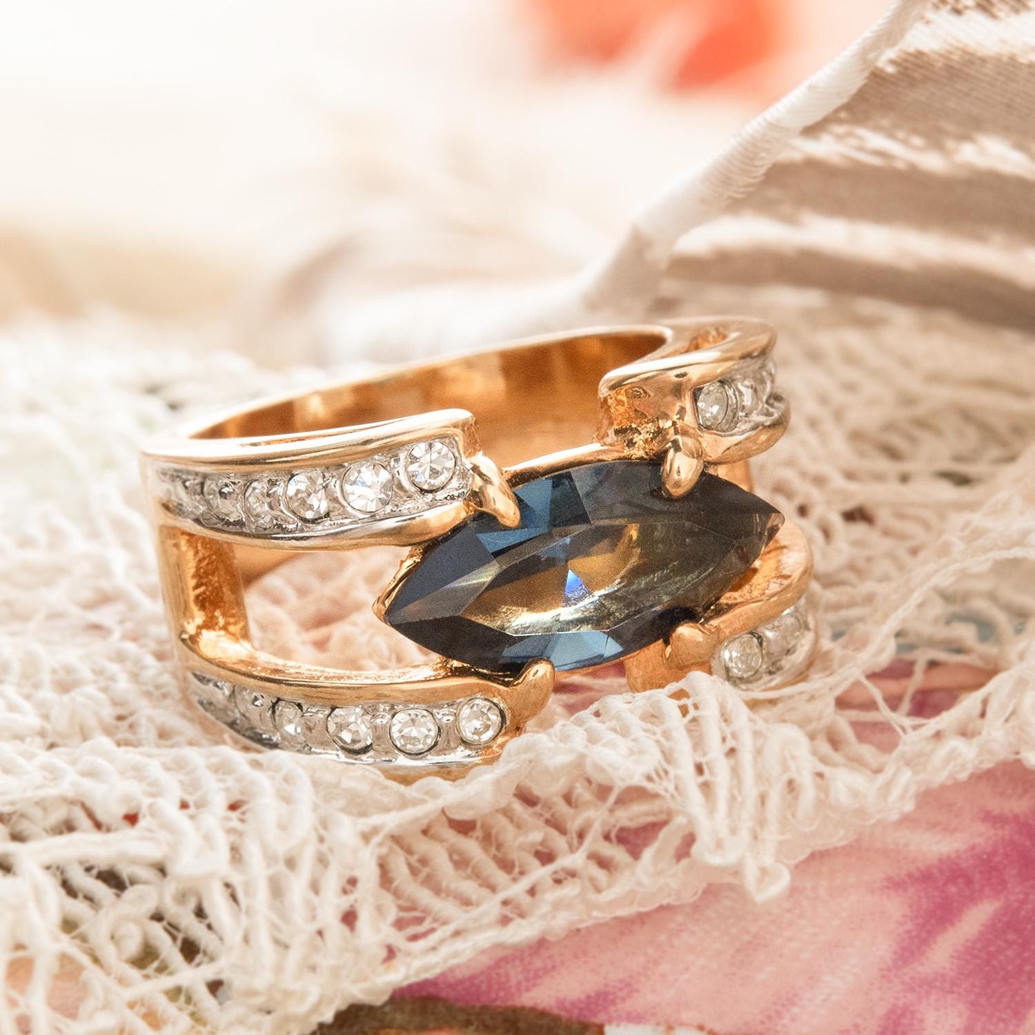 Vintage 1980s Marquise Blue Sapphire CZ Ring with Austrian Crystal Accents – 18k Gold Electroplated jewelry image 1