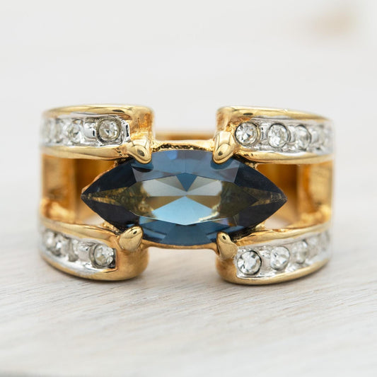 Vintage 1980s Marquise Blue Sapphire CZ Ring with Austrian Crystal Accents – 18k Gold Electroplated jewelry image 1