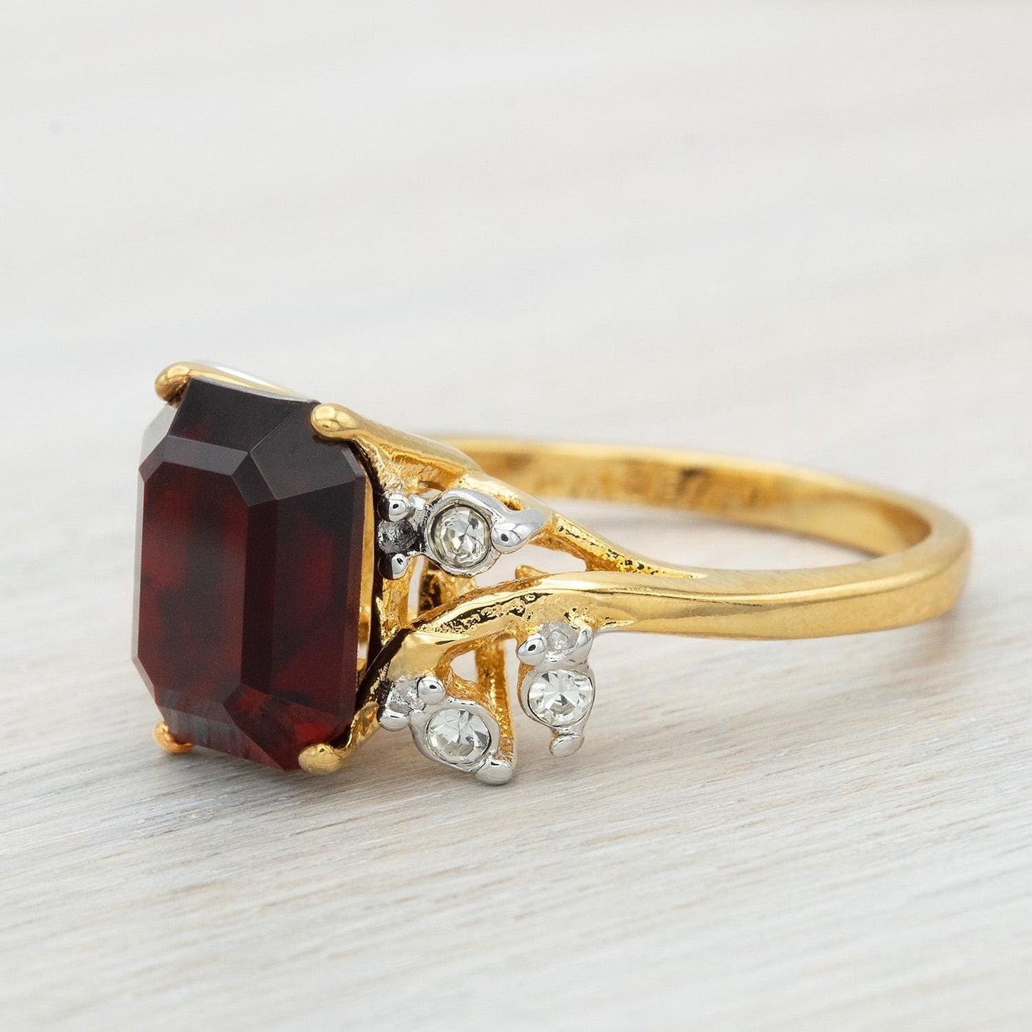 Vintage 1980s Garnet Austrian Crystal Emerald Cut Ring – 18k Gold Electroplated jewelry image 1