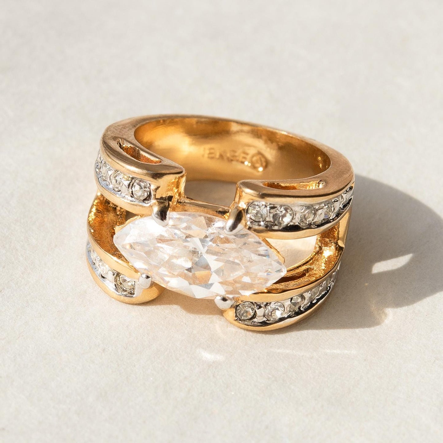 Vintage 1980s Marquise Cut Clear CZ Statement Ring – 18k Gold Electroplated jewelry image 1