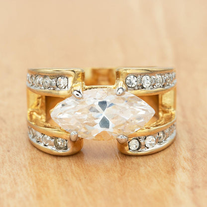 Vintage 1980s Marquise Cut Clear CZ Statement Ring – 18k Gold Electroplated jewelry image 1