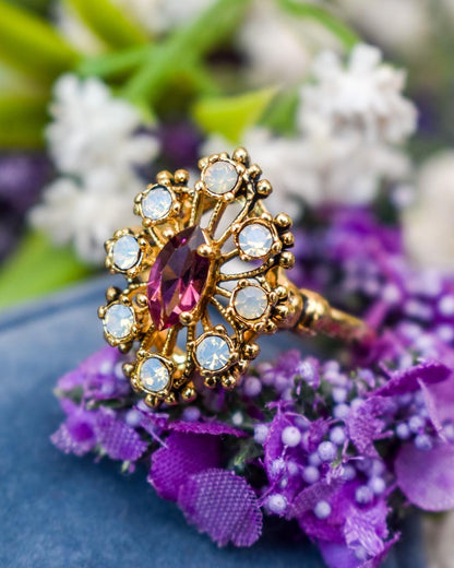 Vintage 1970s Filigree Ring with Amethyst Austrian Crystal and Pinfire Opals - 18k Gold Electroplated jewelry image 1