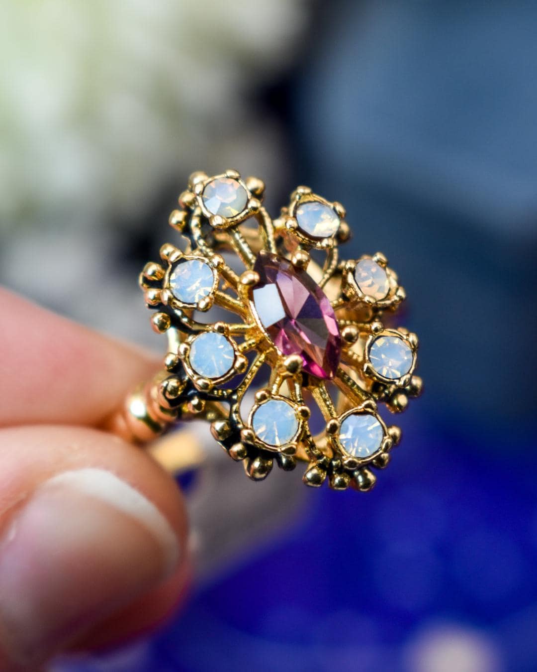 Vintage 1970s Filigree Ring with Amethyst Austrian Crystal and Pinfire Opals - 18k Gold Electroplated jewelry image 1
