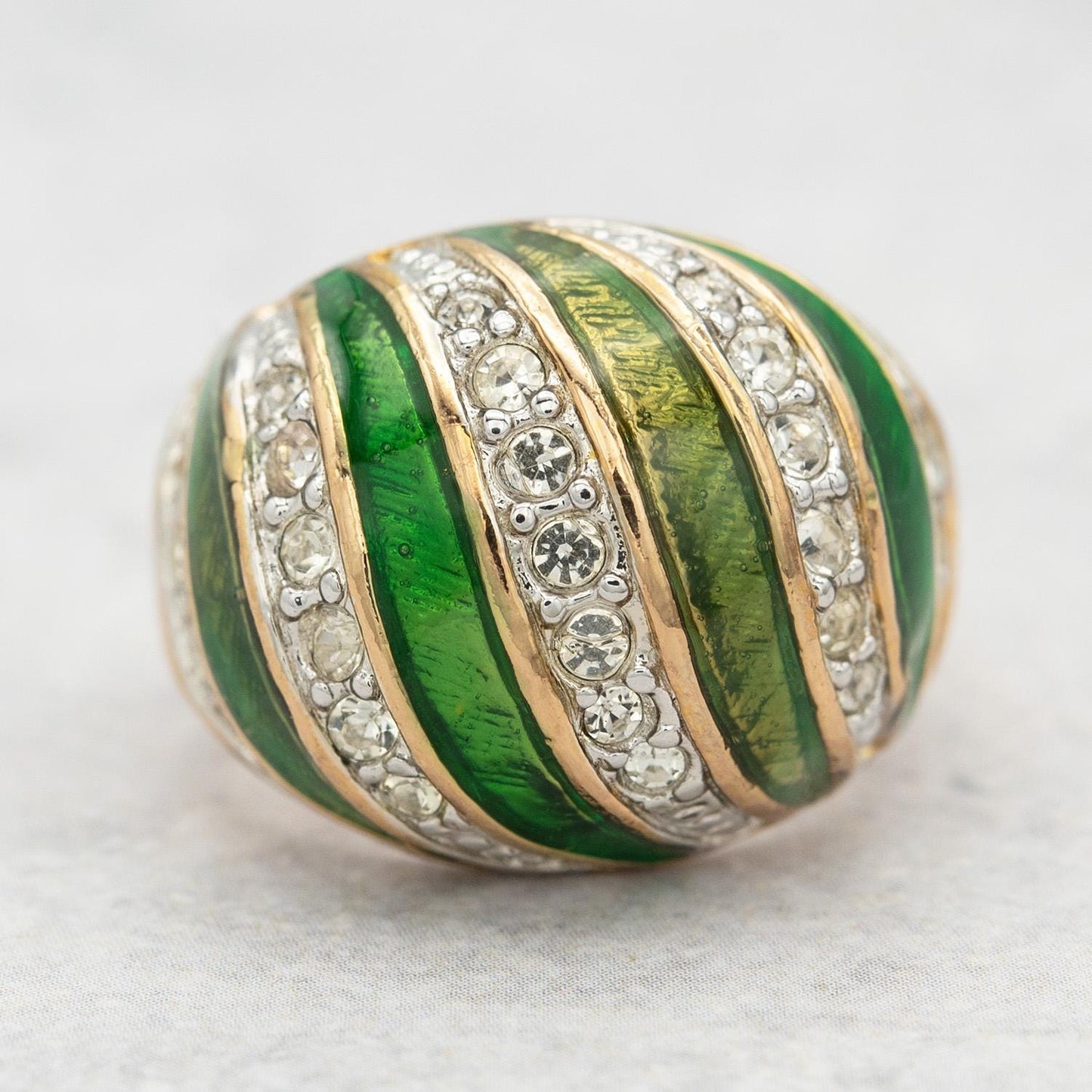 Vintage Hand Painted Emerald Green Epoxy & Crystal Dome Ring – 18k Gold Electroplated Statement Ring jewelry image 1
