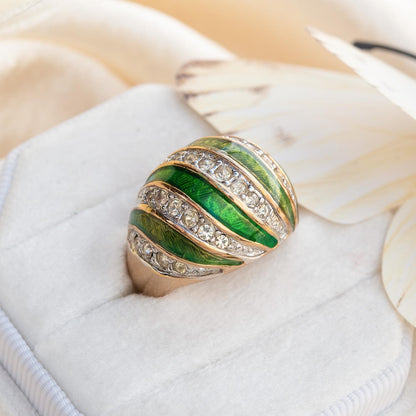 Vintage Hand Painted Emerald Green Epoxy & Crystal Dome Ring – 18k Gold Electroplated Statement Ring jewelry image 1