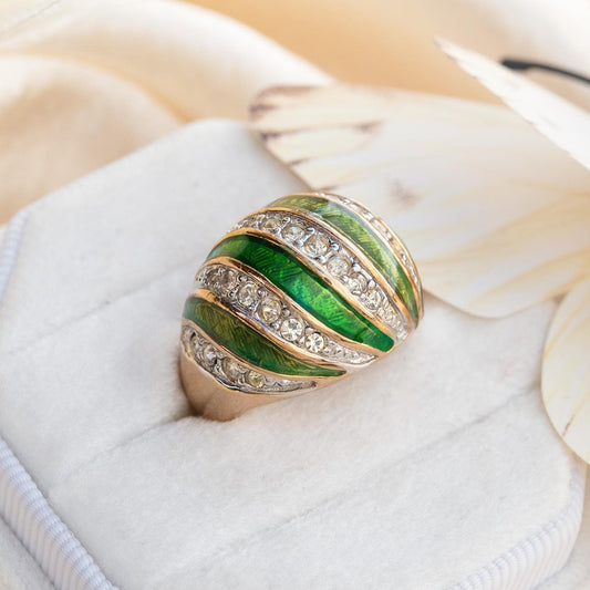 Vintage Hand Painted Emerald Green Epoxy & Crystal Dome Ring – 18k Gold Electroplated Statement Ring jewelry image 1