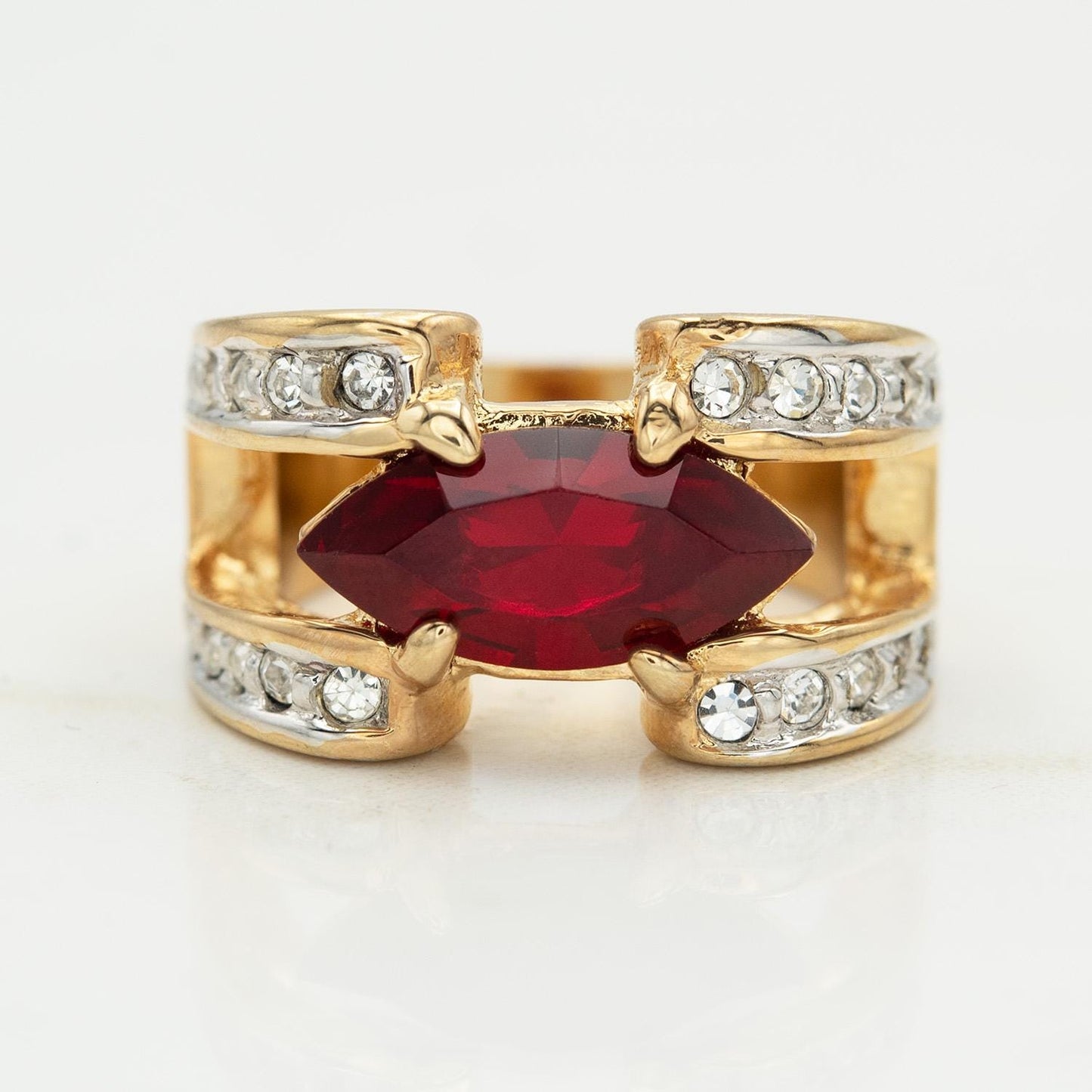 Vintage 1980s Marquise Cut Ruby Red CZ Statement Ring – 18k Gold Electroplated with Austrian Crystal Accents jewelry image 1