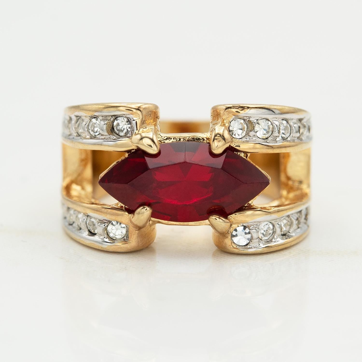 Vintage 1980s Marquise Cut Ruby Red CZ Statement Ring – 18k Gold Electroplated with Austrian Crystal Accents jewelry image 1