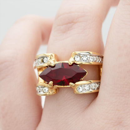 Vintage 1980s Marquise Cut Ruby Red CZ Statement Ring – 18k Gold Electroplated with Austrian Crystal Accents jewelry image 1