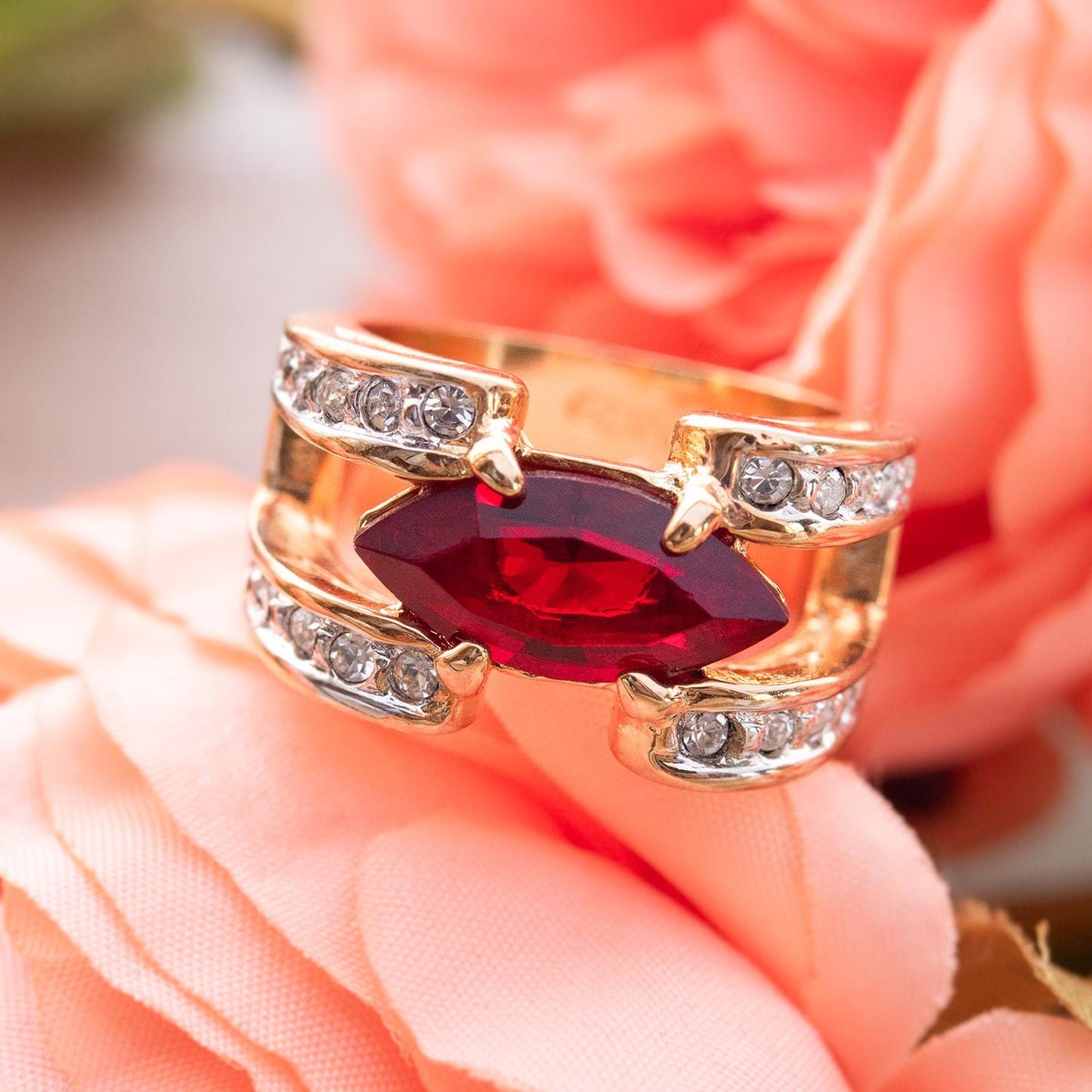 Vintage 1980s Marquise Cut Ruby Red CZ Statement Ring – 18k Gold Electroplated with Austrian Crystal Accents jewelry image 1