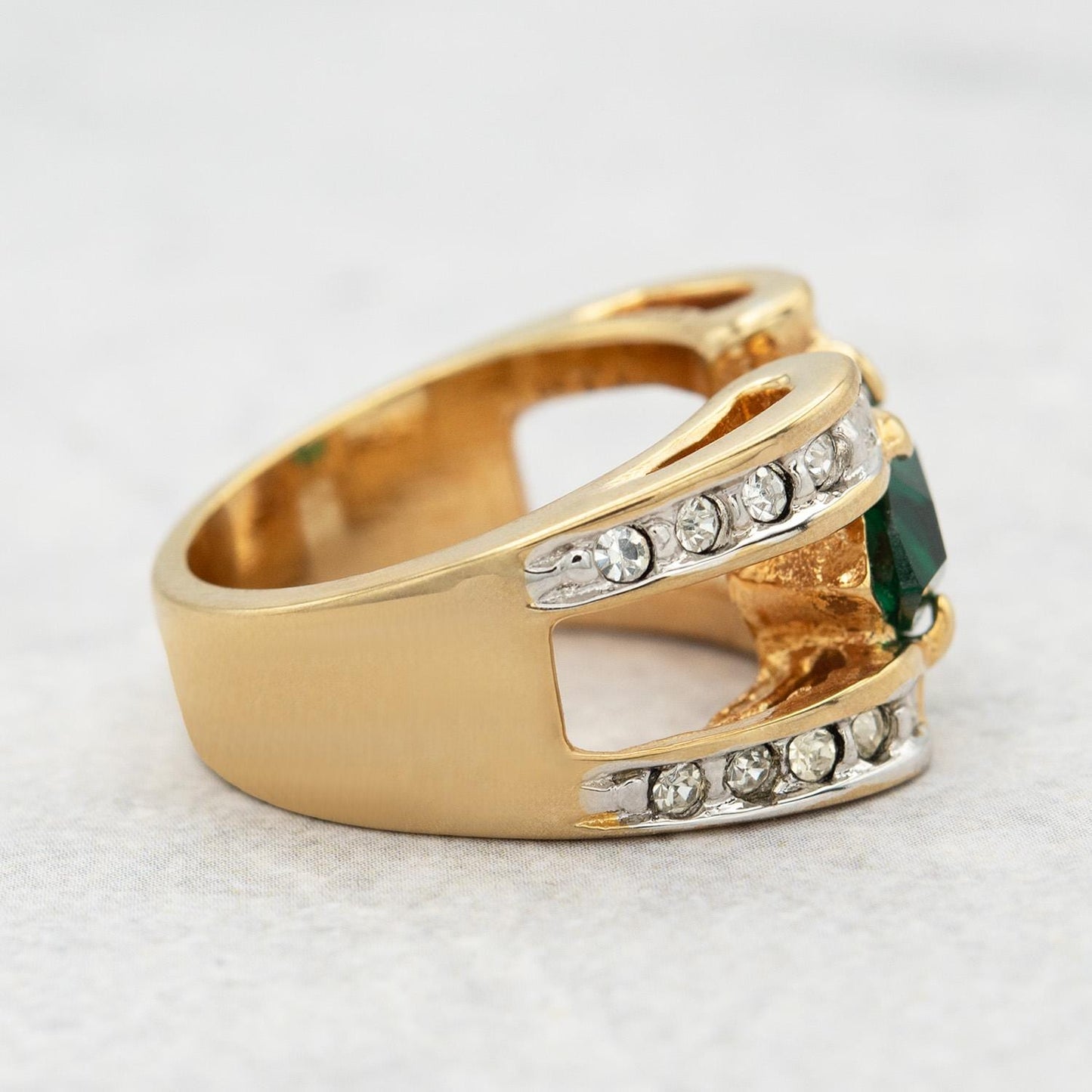 Vintage 1980s Marquise Emerald Green CZ Statement Ring - 18k Gold Electroplated jewelry image 1