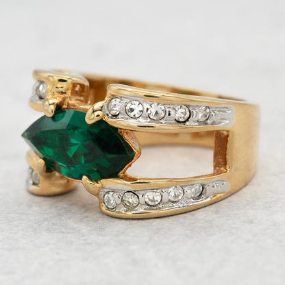 Vintage 1980s Marquise Emerald Green CZ Statement Ring - 18k Gold Electroplated jewelry image 1