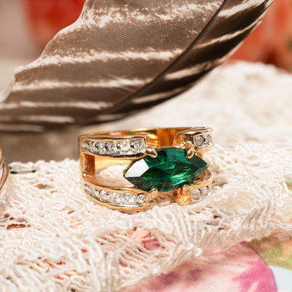 Vintage 1980s Marquise Emerald Green CZ Statement Ring - 18k Gold Electroplated jewelry image 1
