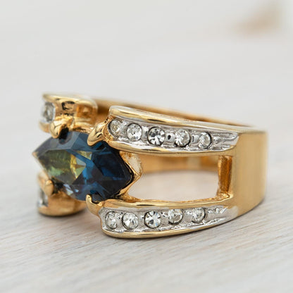 Vintage 1980s Marquise Blue Sapphire CZ Ring with Austrian Crystal Accents – 18k Gold Electroplated jewelry image 1
