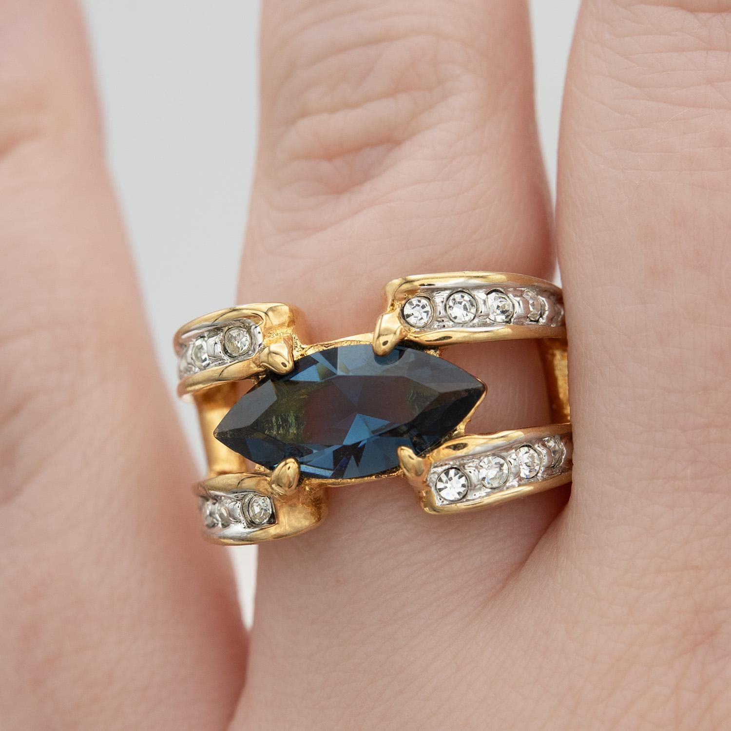 Vintage 1980s Marquise Blue Sapphire CZ Ring with Austrian Crystal Accents – 18k Gold Electroplated jewelry image 1