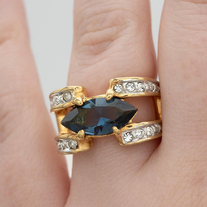 Vintage 1980s Marquise Blue Sapphire CZ Ring with Austrian Crystal Accents – 18k Gold Electroplated jewelry image 1