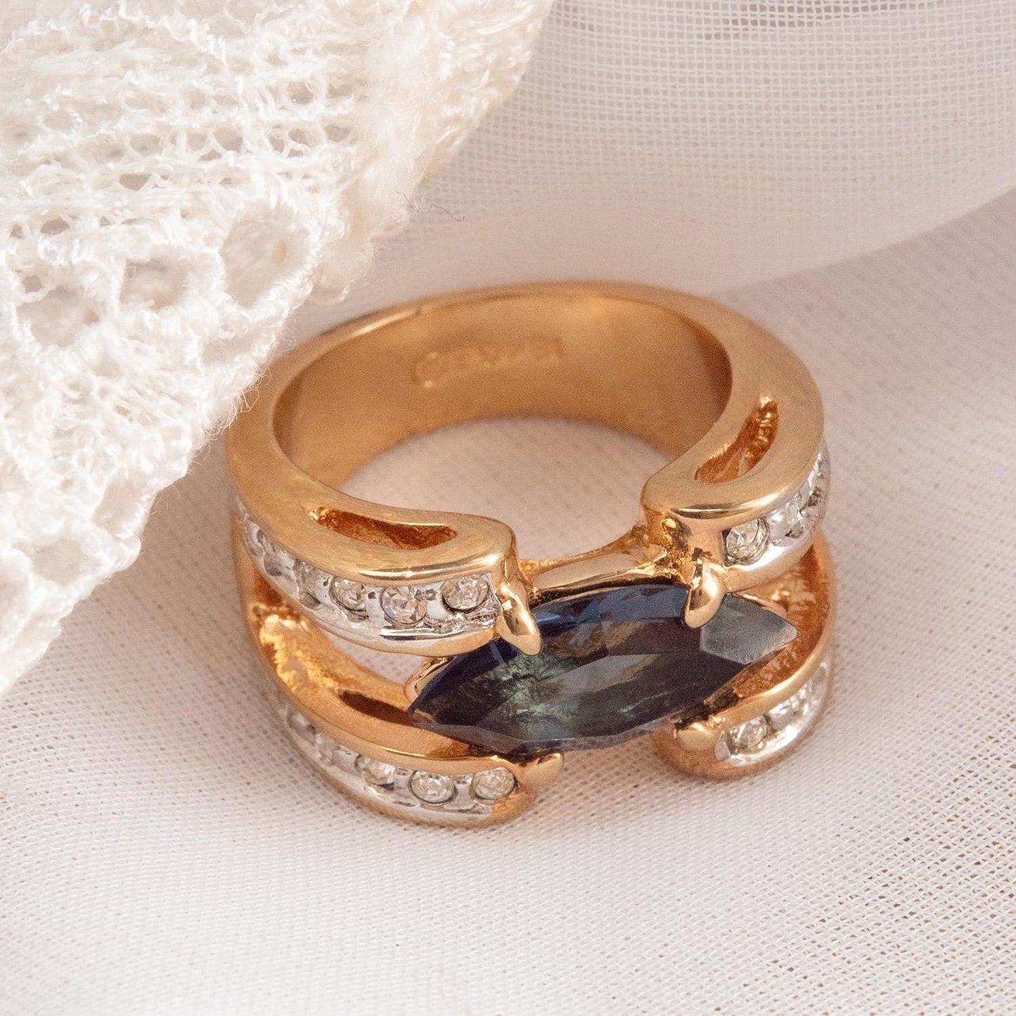 Vintage 1980s Marquise Blue Sapphire CZ Ring with Austrian Crystal Accents – 18k Gold Electroplated jewelry image 1