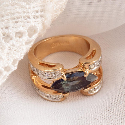 Vintage 1980s Marquise Blue Sapphire CZ Ring with Austrian Crystal Accents – 18k Gold Electroplated jewelry image 1