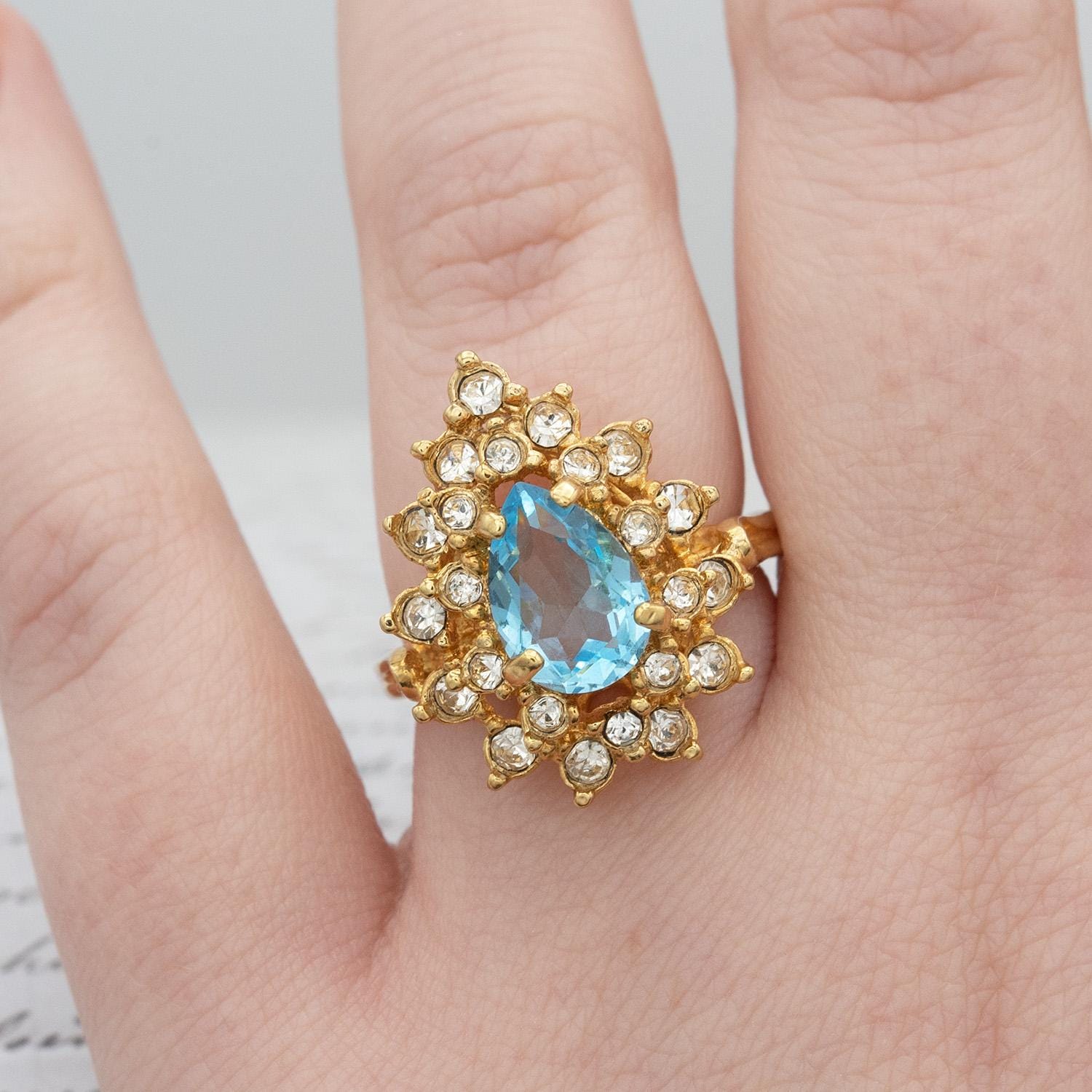Vintage Victorian Style Aquamarine Austrian Crystal Cocktail Ring - 18k Gold Electroplated jewelry image 1