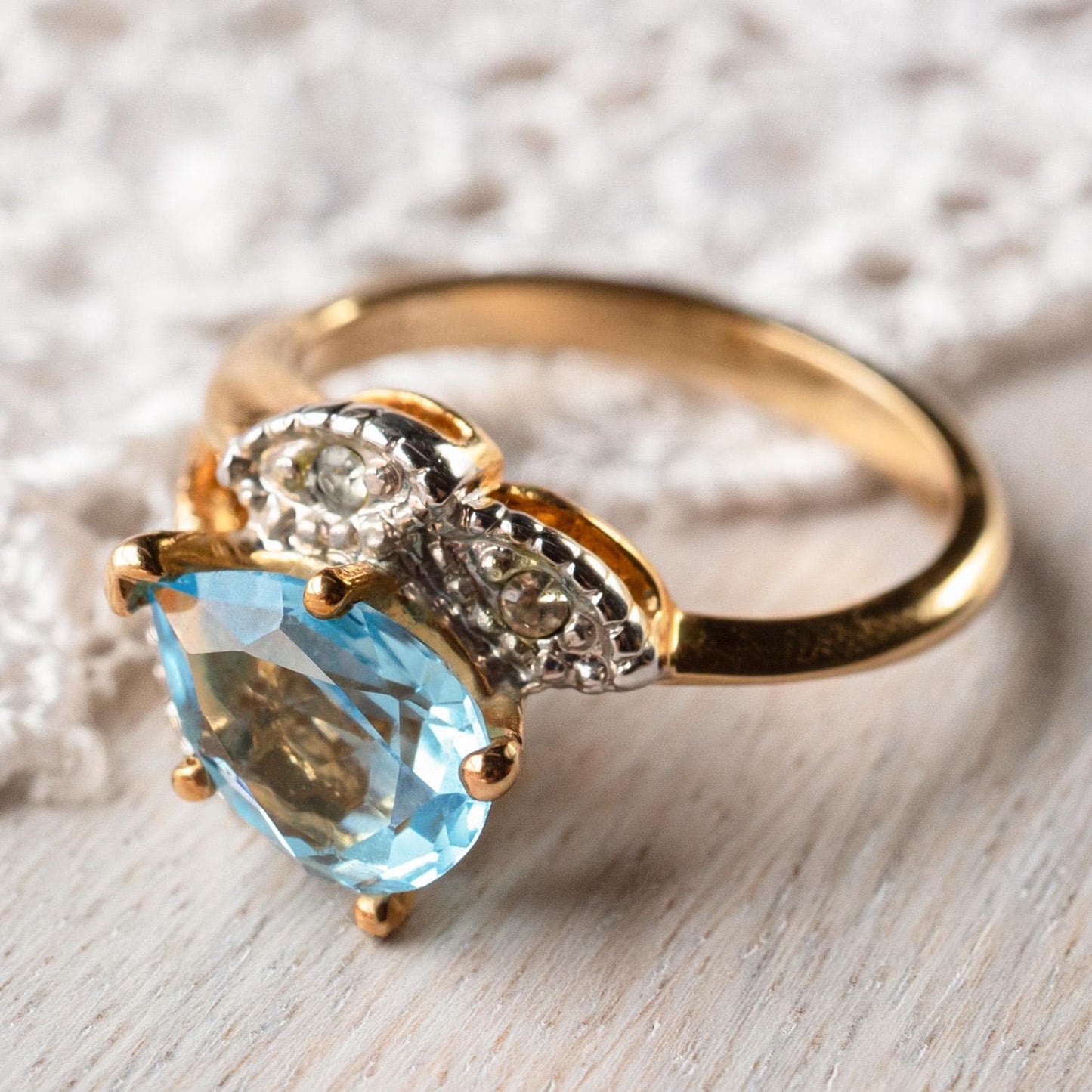 Vintage 1970s Aquamarine Blue Austrian Crystal Cocktail Ring - 18k Gold Electroplated #R1928 jewelry image 1