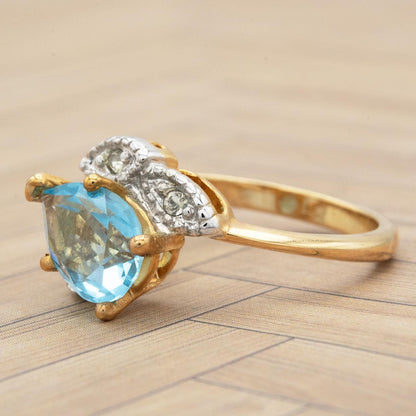 Vintage Aquamarine Austrian Crystal Pear Cut Ring – 18k Gold Electroplated with Clear Crystal Accents jewelry image 1