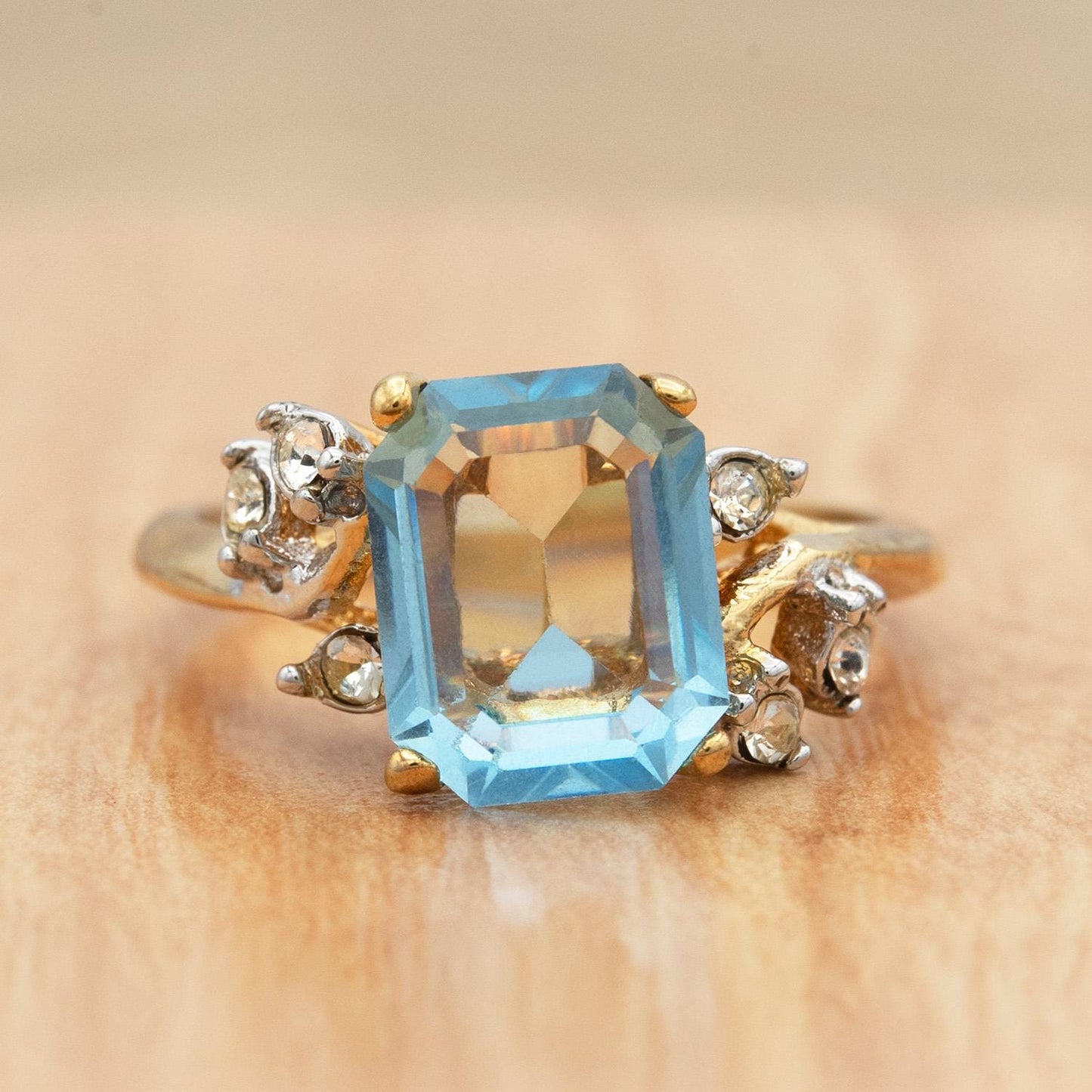 Vintage 1980s Aquamarine Austrian Crystal Ring - 18k Gold Electroplated with Clear Crystal Accents jewelry image 1