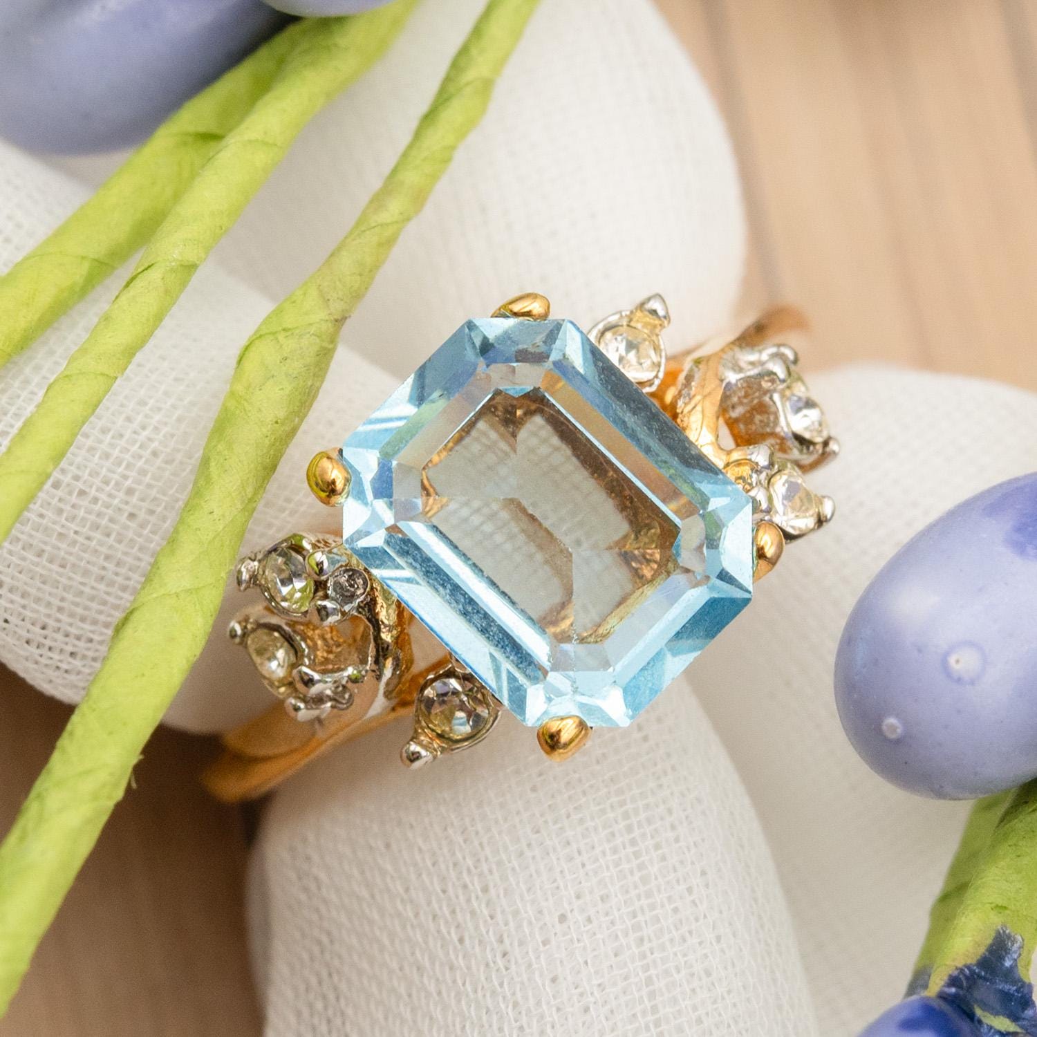 Vintage 1980s Aquamarine Austrian Crystal Ring - 18k Gold Electroplated with Clear Crystal Accents jewelry image 1