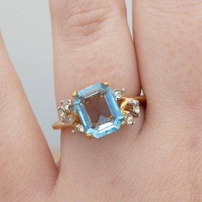 Vintage 1980s Aquamarine Austrian Crystal Ring - 18k Gold Electroplated with Clear Crystal Accents jewelry image 1
