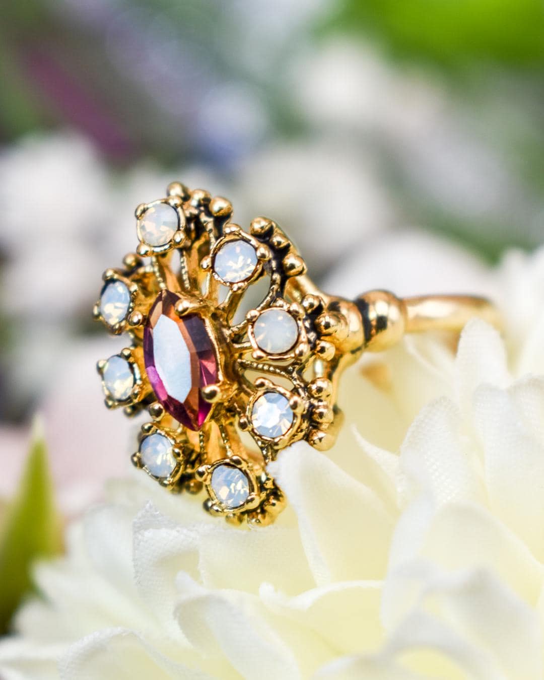 Vintage 1970s Filigree Ring with Amethyst Austrian Crystal and Pinfire Opals - 18k Gold Electroplated jewelry image 1
