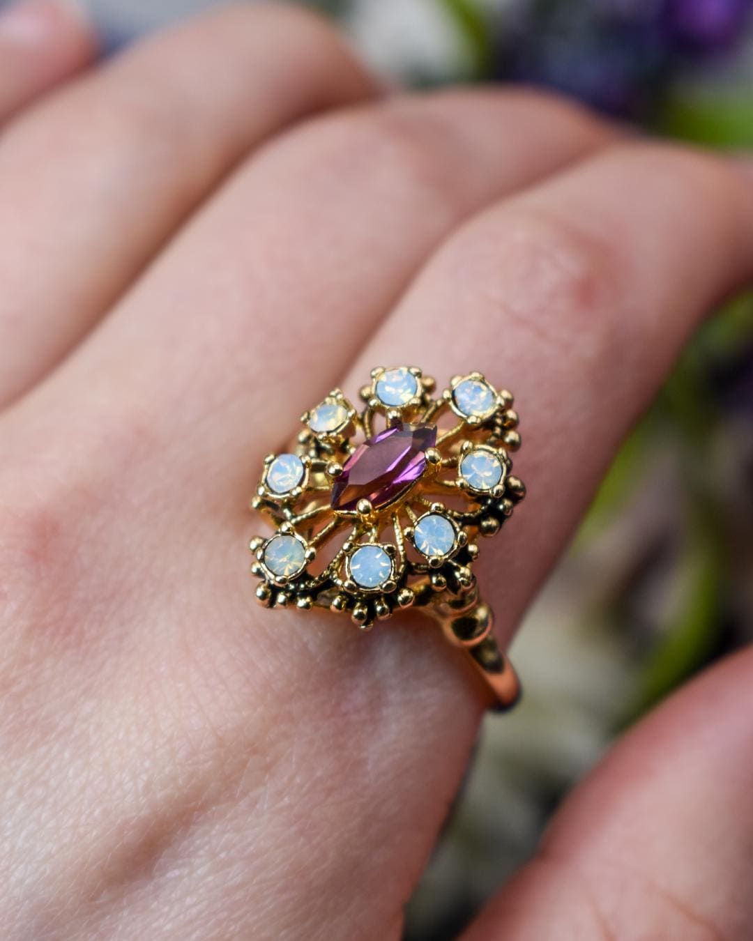 Vintage 1970s Filigree Ring with Amethyst Austrian Crystal and Pinfire Opals - 18k Gold Electroplated jewelry image 1
