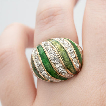 Vintage Hand Painted Emerald Green Epoxy & Crystal Dome Ring – 18k Gold Electroplated Statement Ring jewelry image 1