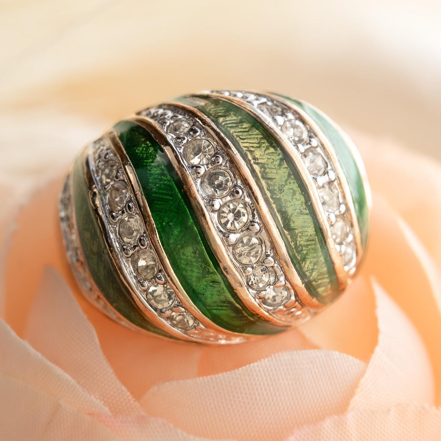 Vintage Hand Painted Emerald Green Epoxy & Crystal Dome Ring – 18k Gold Electroplated Statement Ring jewelry image 1