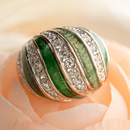 Vintage Hand Painted Emerald Green Epoxy & Crystal Dome Ring – 18k Gold Electroplated Statement Ring jewelry image 1