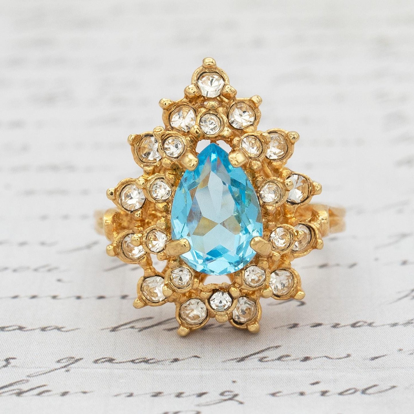 Vintage Victorian Style Aquamarine Austrian Crystal Cocktail Ring - 18k Gold Electroplated jewelry image 1