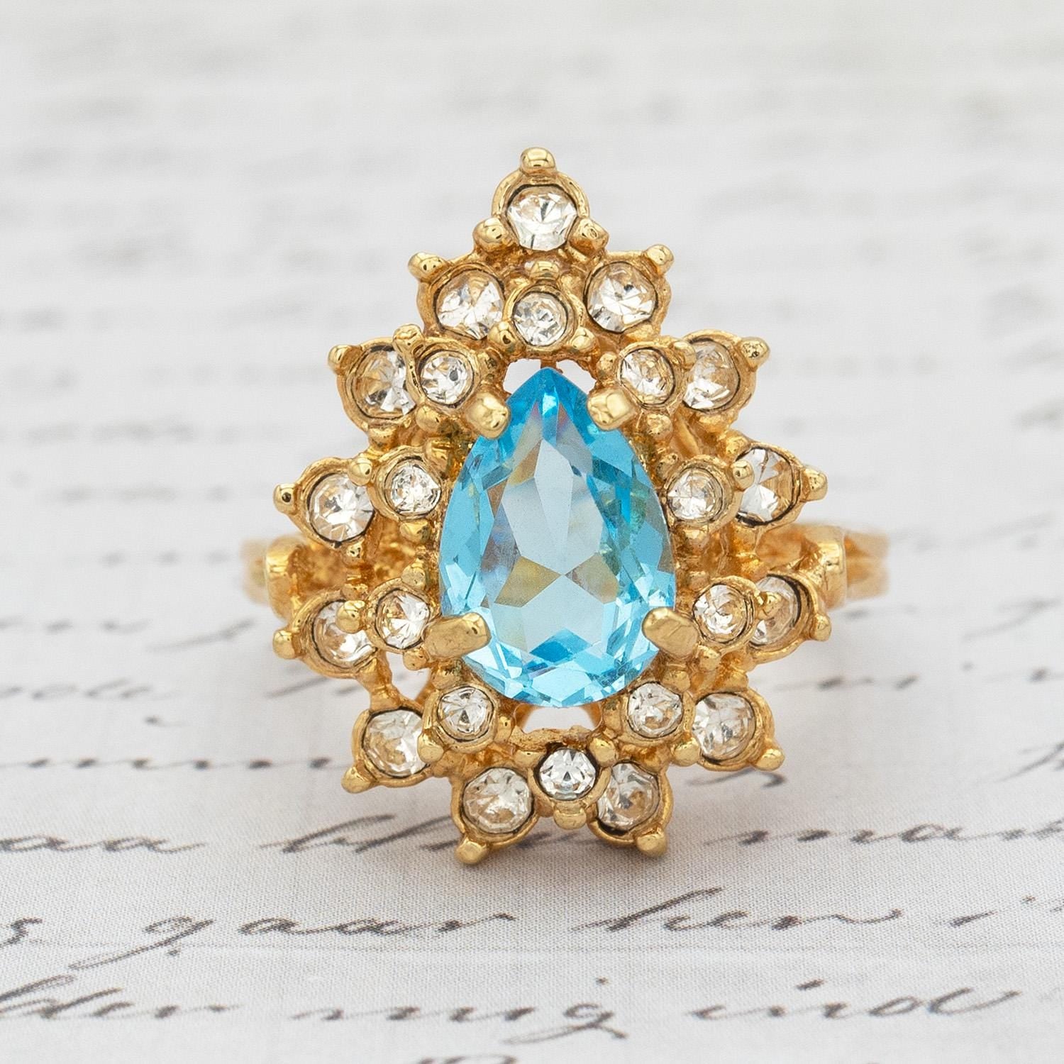 Vintage Victorian Style Aquamarine Austrian Crystal Cocktail Ring - 18k Gold Electroplated jewelry image 1