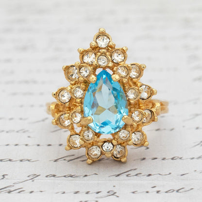 Vintage Victorian Style Aquamarine Austrian Crystal Cocktail Ring - 18k Gold Electroplated jewelry image 1