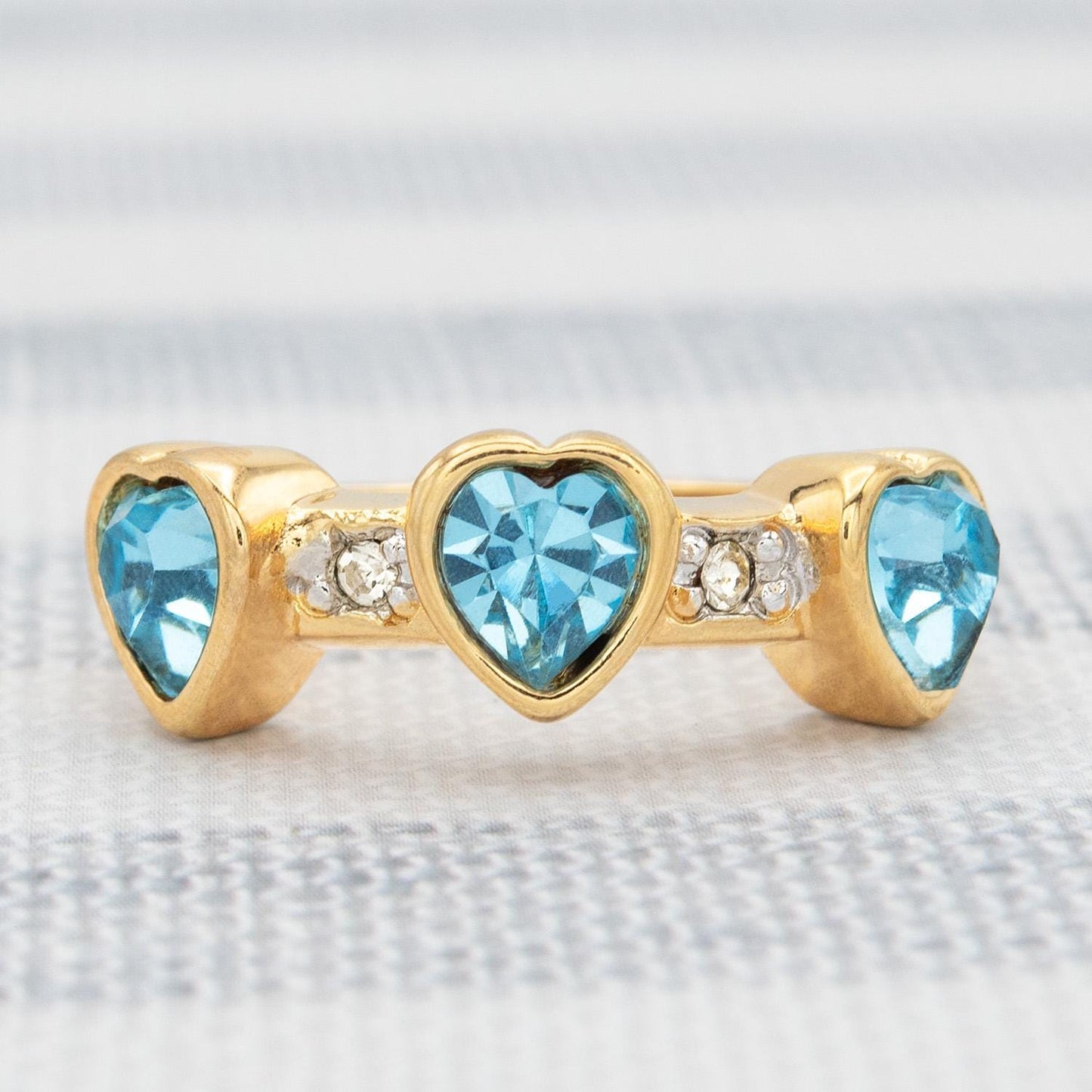 Vintage Triple Heart Aquamarine Austrian Crystal Ring - 18k Gold Electroplated jewelry image 1