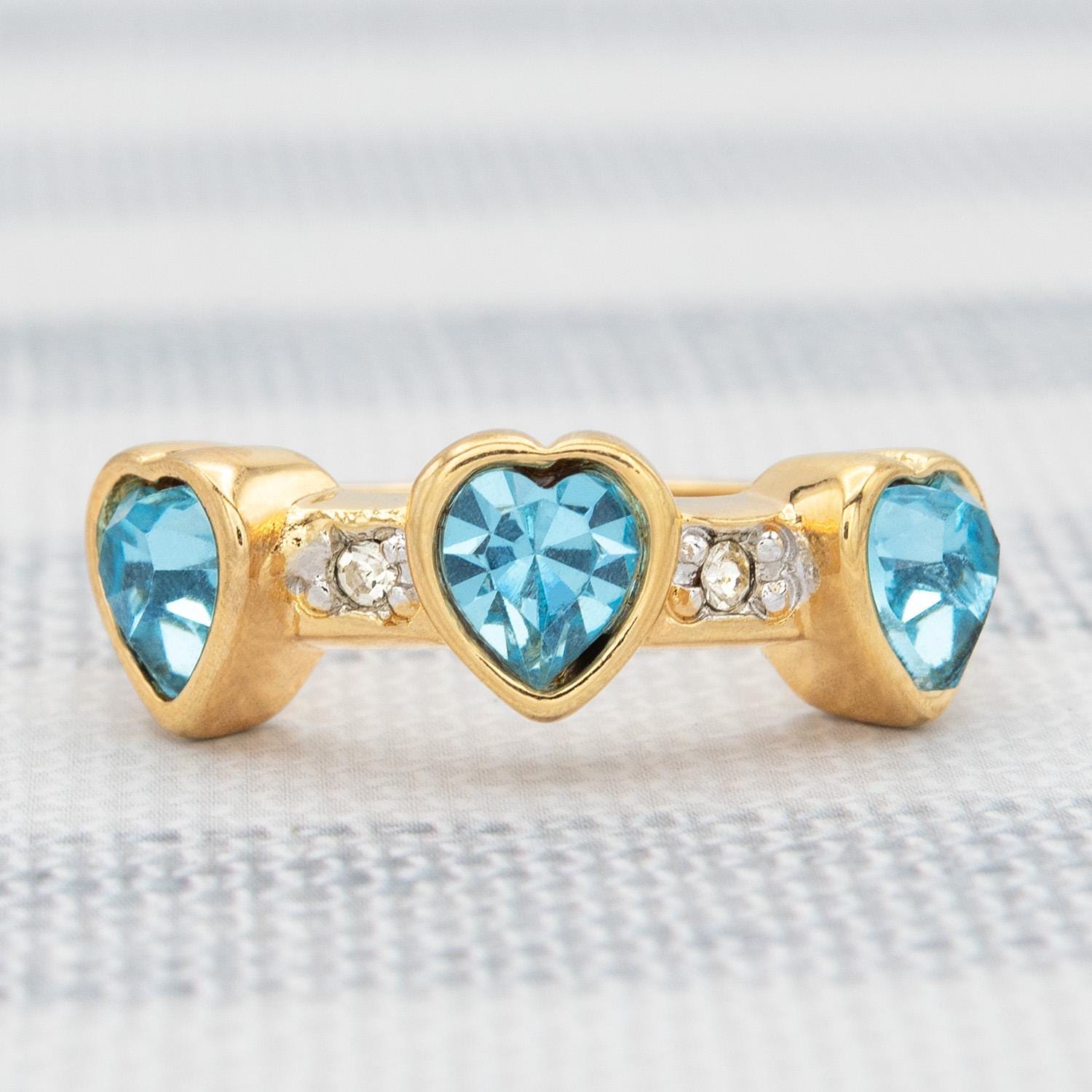Vintage Triple Heart Aquamarine Austrian Crystal Ring - 18k Gold Electroplated jewelry image 1