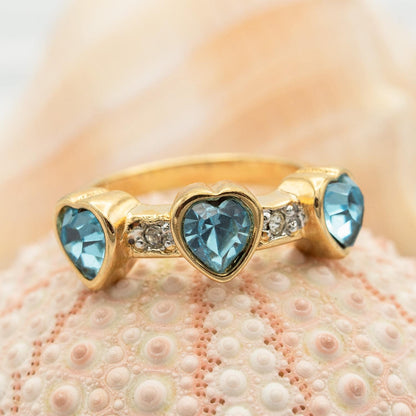 Vintage Triple Heart Aquamarine Austrian Crystal Ring - 18k Gold Electroplated jewelry image 1